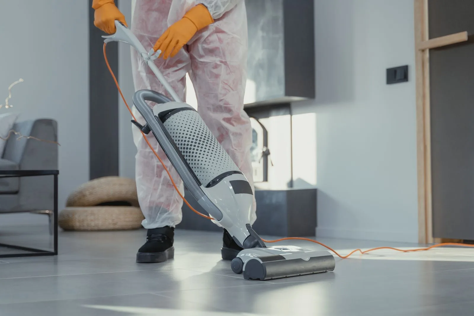 Technician in a protective suit vacuuming a floor