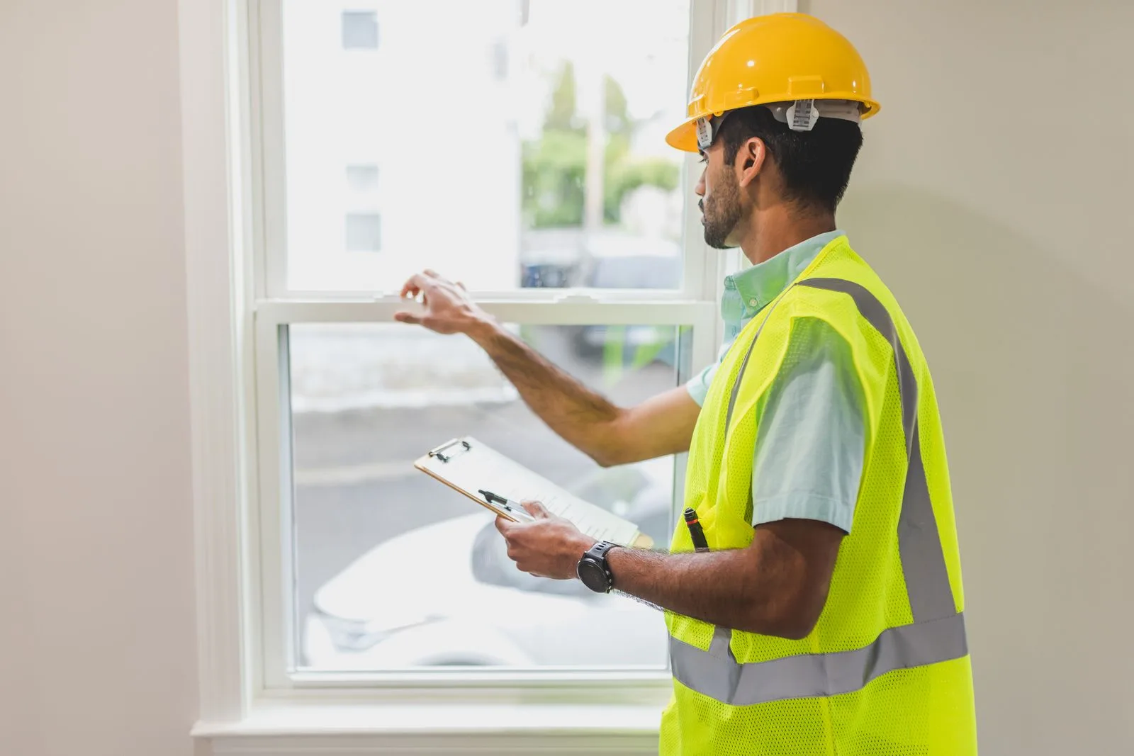 Inspector with a clipboard examining a window frame