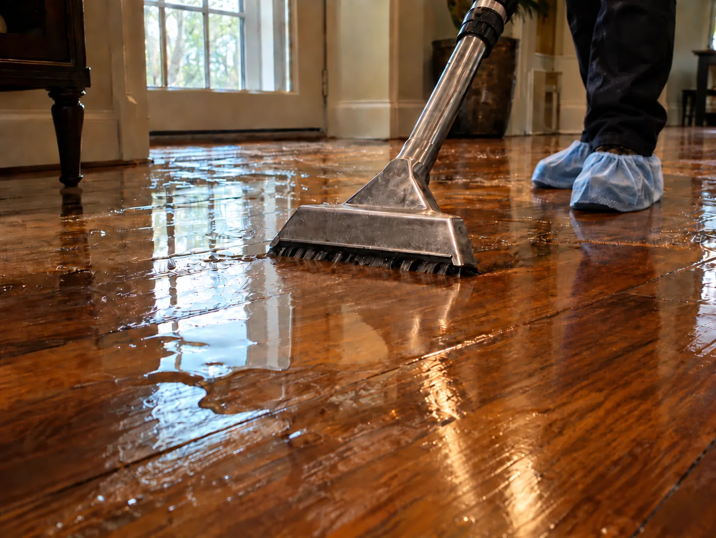 Technician extracting water from a flooded hardwood floor