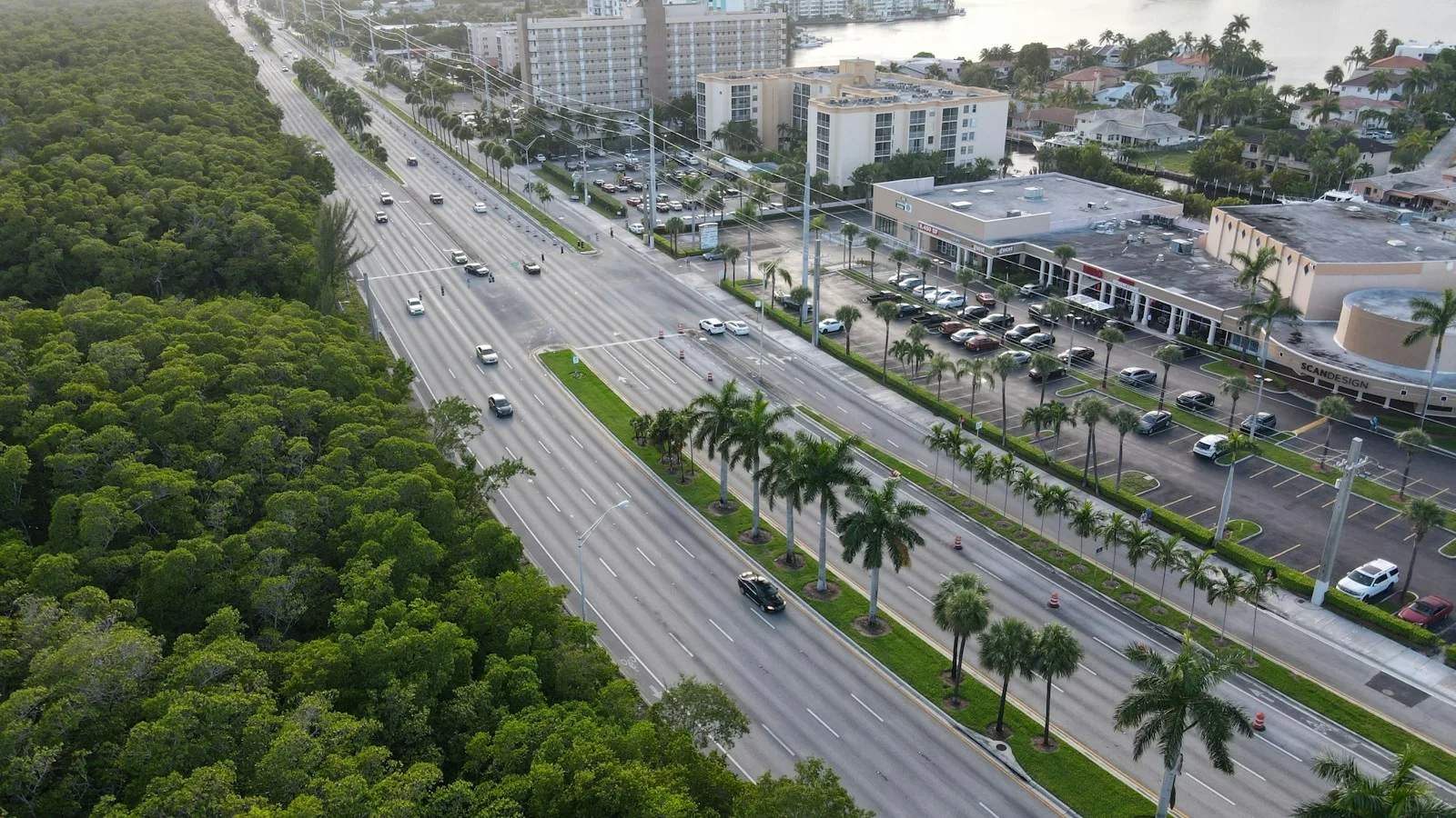 Aerial view of a palm-lined boulevard between mangroves and low-rise buildings in northeast Miami-Dade
