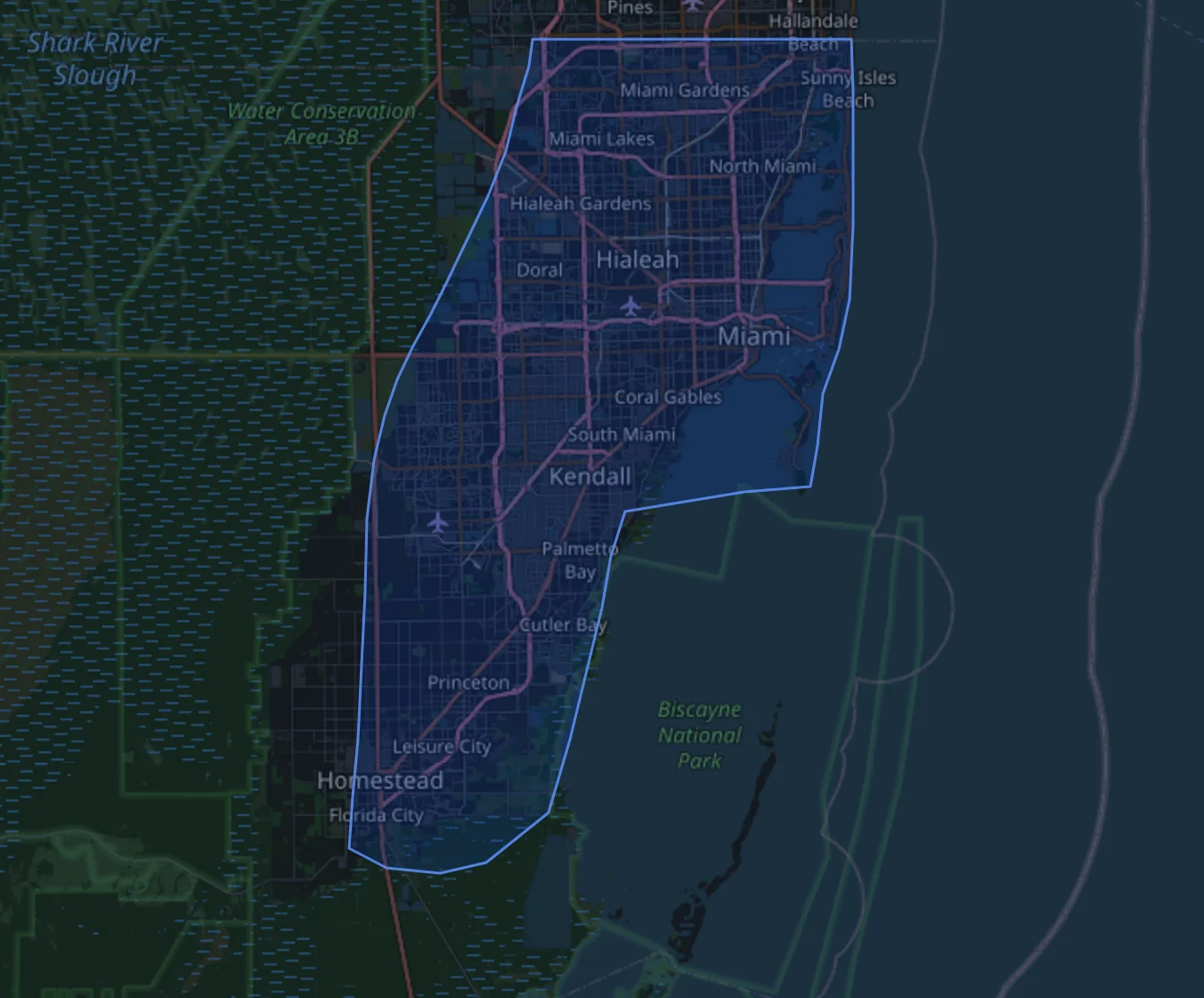 Map of Miami-Dade County with the DrySite service area shaded, from Aventura south to Florida City